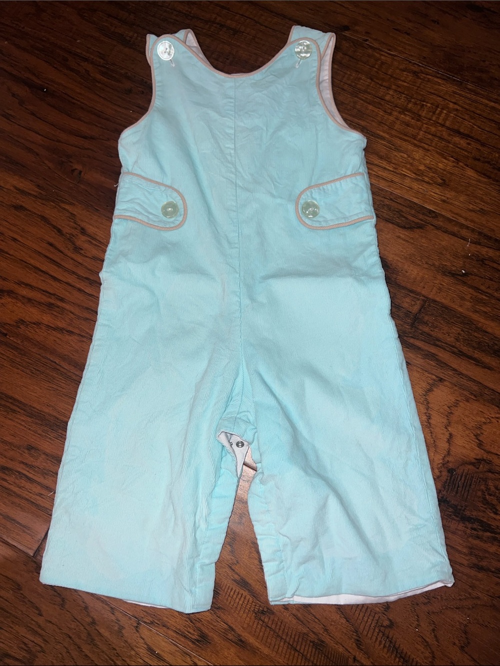 Toddler Aqua Overalls Romper with Pink Trim